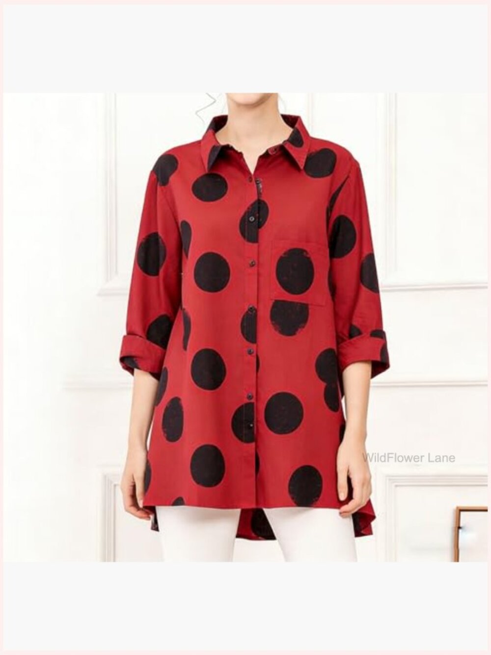 Women's Polka Dot Button Down Tunic Blouse Long Sleeve Cotton Shirt - Picture 2 of 7